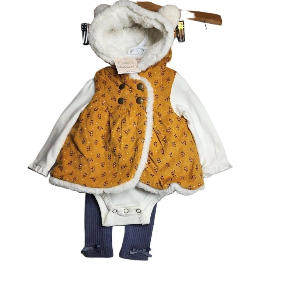 NWT Catherine‎ Malandrino Floral Faux Fur Lined Corduroy 3 Piece Set Size 6M
